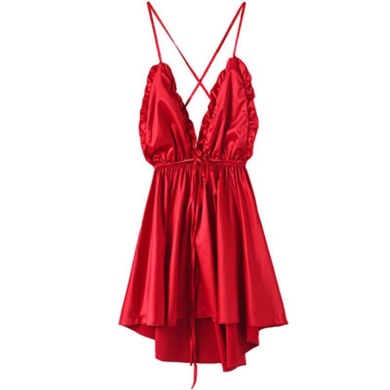 Women Sexy Slip Dress With V-Neckline, Ruffle Trim, Wine Red Color And Backless Design Perfect For Home Wear