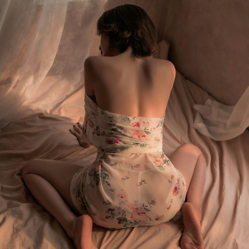 Japanese Floral Chiffon Sexy Kimono Lingerie Robe With G-String