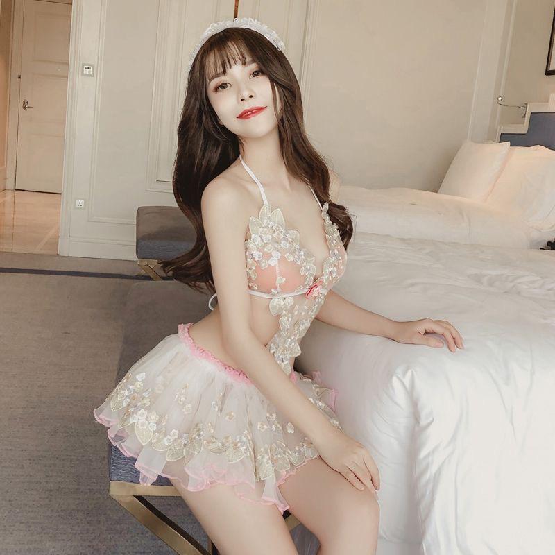 Sexy Lingerie Outfits Women Uniform Temptation Perspective Mesh Water Soluble Embroidery Romantic Bride Princess Dress Suit