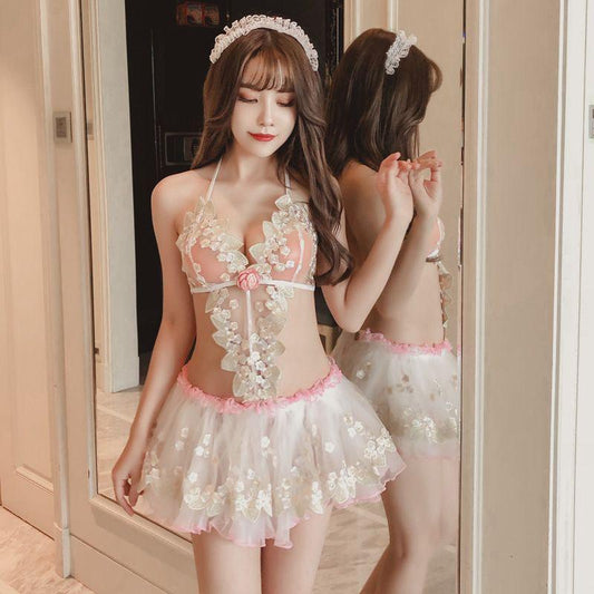 Sexy Lingerie Outfits Women Uniform Temptation Perspective Mesh Water Soluble Embroidery Romantic Bride Princess Dress Suit